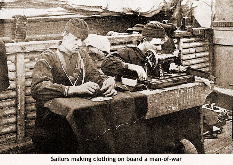 Sailors making clothing on board a man-of-war -- CLICK HERE TO RETURN TO SMALL PICTURE