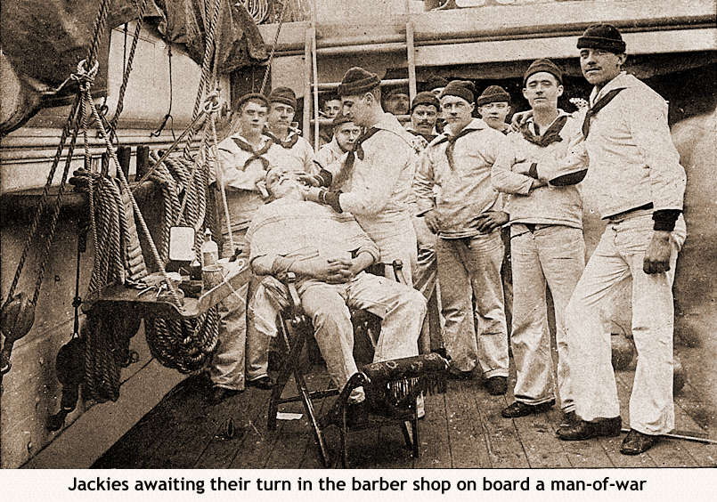Jackies awaiting their turn in the barber shop on board a man-of-war -- CLICK HERE TO RETURN TO SMALL PICTURE