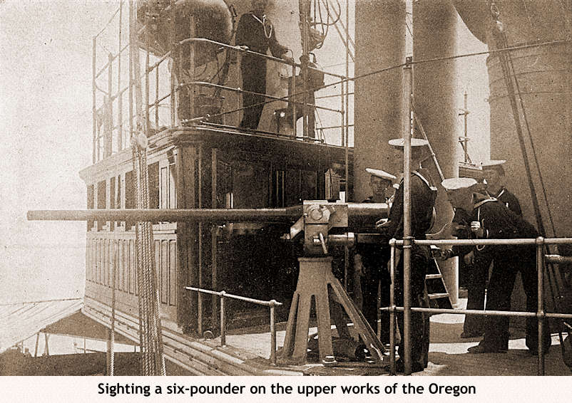 Sighting a six-pounder on the upper works of the Oregon -- CLICK HERE TO RETURN TO SMALL PICTURE